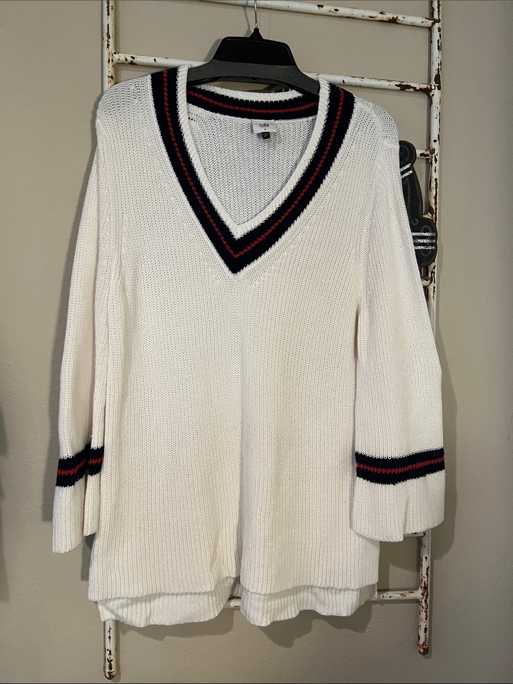 CAbi White V-Neck Sweater with Navy and Red Stripe Trim